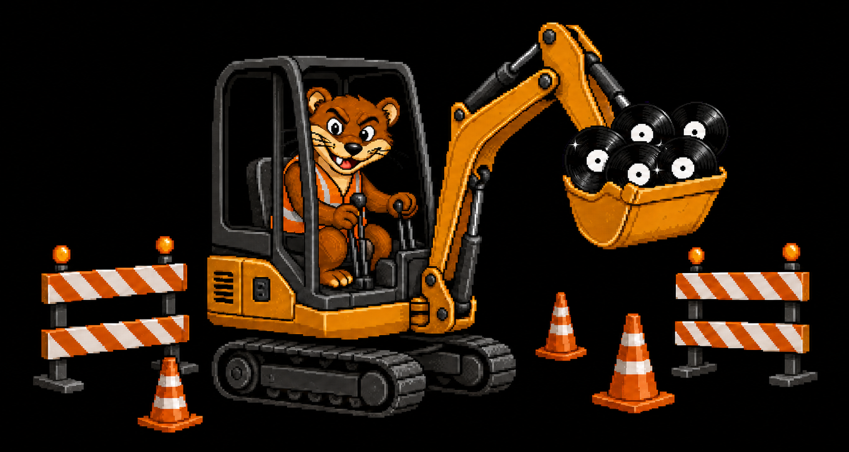 The Disco Weasels character wearing an orange safety vest inside an excavator safety cage, with a bucket full of vinyl records, construction cones, and barricades